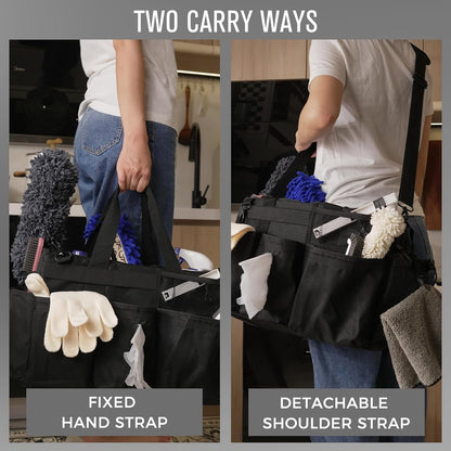Wearable Cleaning Caddy Organizer with Handle & Shoulder Straps for Housekeepers, Under Sink & Car Cleaning Tool Organizer Bag with 4 Foldable Dividers (Black)