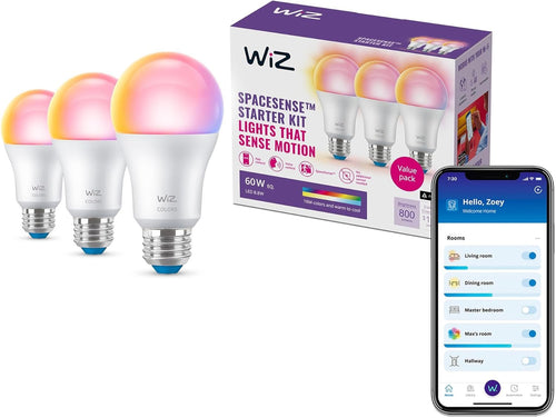 WiZ 60W A19 Color LED Smart Bulb - Pack of 3 - E26- Indoor - Connects to Your Existing Wi-Fi - Control with Voice or App + Activate with Motion - Matter Compatible