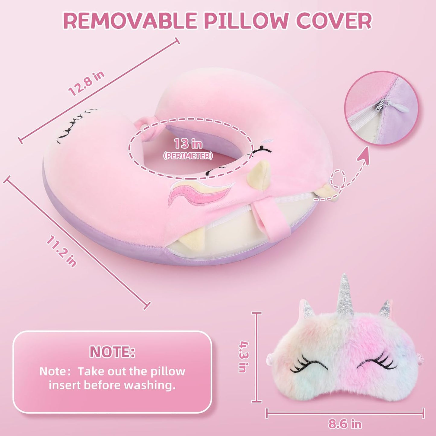 Kids Travel Pillow,Unicorn Toddler Neck Pillow for Kids Traveling with Eye Mask,U-Shaped Airplane Flight Car Head Neck Support Memory Foam Pillow for Adults,Gifts for Children,Boys,Girls (Pink)