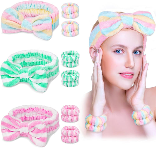 9PCS Spa Headband Kit for Women & Girls: Bowknot Makeup Headbands with Wristbands for Face Skincare, Bathing, Yoga (Pink, Blue, White)