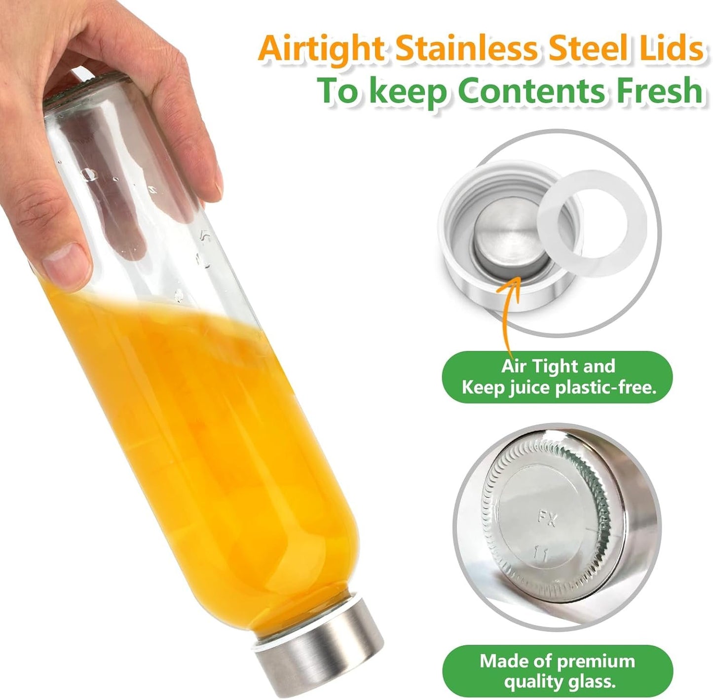 Zukro 18 oz Glass Juice Bottles with Lids for Juicing, Reusable Clear Glass Water Bottles with Stainless Steel Airtight Cap for Refrigerator, 100% Leak Proof, Dishwasher Safe, BPA Free, Pack of 6