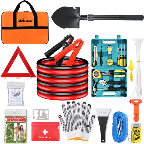 Nilight Car Emergency Kit with Jumper Cable Repair Tool Sets and Foldable Shovel,Roadside Safety Assistance Essential Tools for Travel Camping Outdoor Cars Truck SUV RV