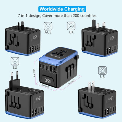 SAUNORCH Universal Travel Adapter, PD 35W 7 in 1 International Power Plug Adapter with 7.0A 4 USB-C and 2 USB-A Fast Wall Charger, Worldwide AC Outlet for US Europe UK AUS Asia