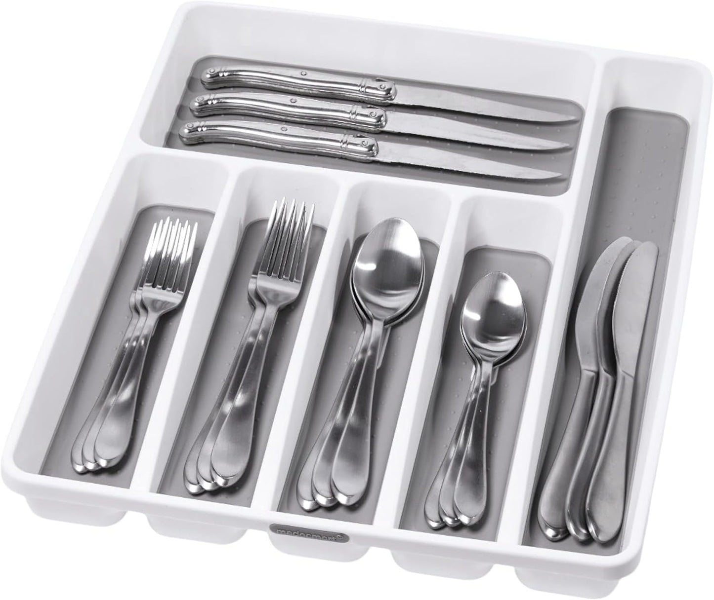 madesmart Antimicrobial Classic Large Silverware Tray Soft Grip, Non-Slip Kitchen Drawer, 6 Compartments, Multi-Purpose Home Organization, EPA Certified, White
