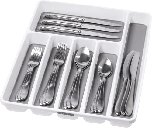 madesmart Antimicrobial Classic Large Silverware Tray Soft Grip, Non-Slip Kitchen Drawer, 6 Compartments, Multi-Purpose Home Organization, EPA Certified, White