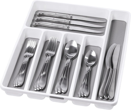 madesmart Antimicrobial Classic Large Silverware Tray Soft Grip, Non-Slip Kitchen Drawer, 6 Compartments, Multi-Purpose Home Organization, EPA Certified, White