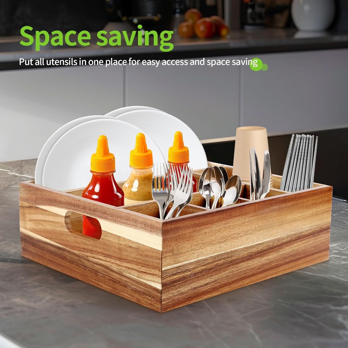 Acacia Wood Utensil Holder with 6 Compartments Wooden Utensil Organizer for Counter, Spoon Plate Cup Holder for Kitchen, Party, Camping