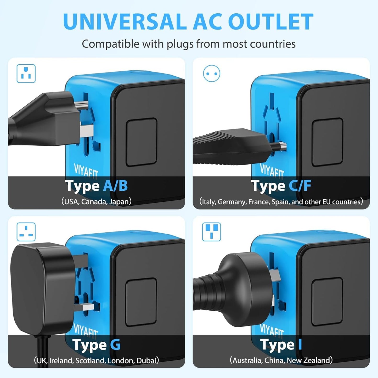 Universal International Travel Power Adapter, All in One Wall Charger with High Speed 2.4A 3xUSB, 3.0A Type-C, European Adapter, Worldwide AC Outlet Plugs for UK, EU, AU & Asia (Blue)