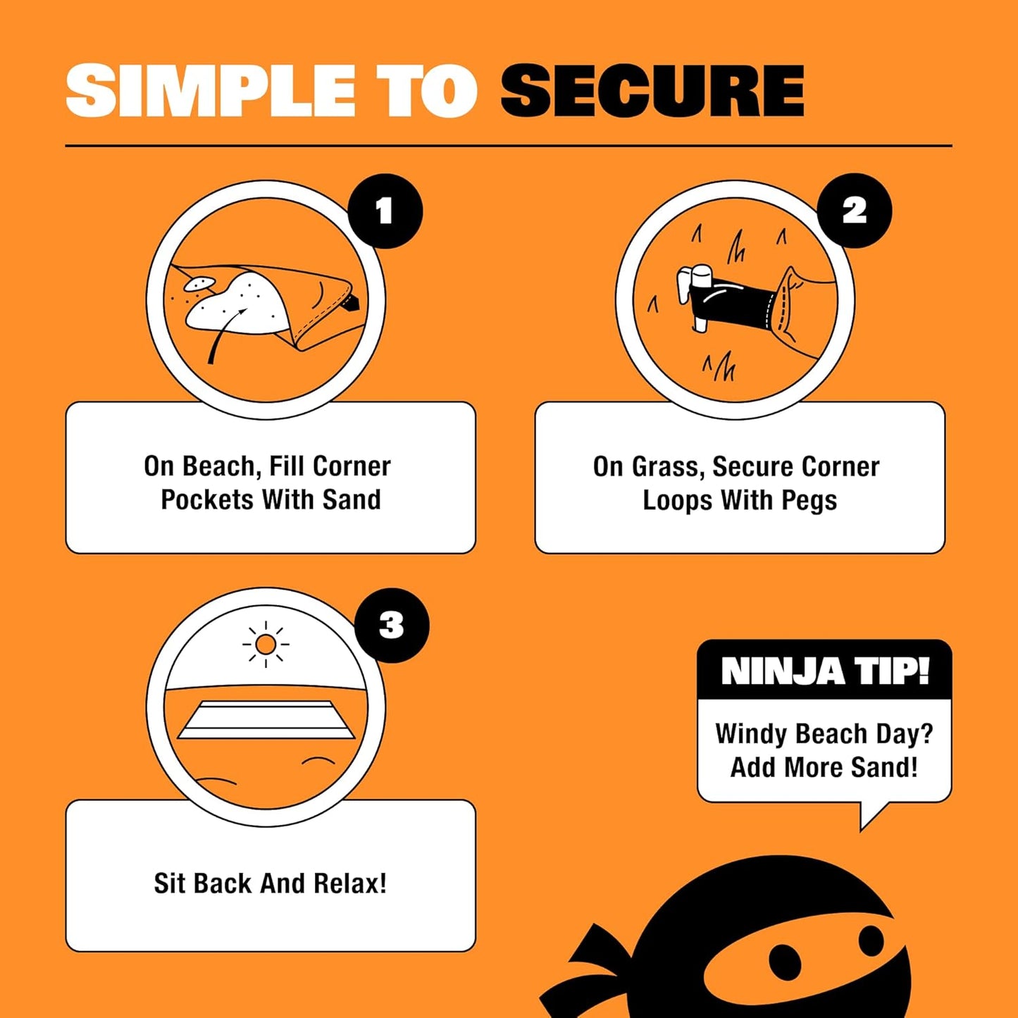 SUN NINJA Sand Free Beach Blanket - Outdoor Blanket, Beach Mat & Accessories - 10ft X 9ft Lightweight Blanket with Storage, Bottle Opener, Carabiner, Shoulder Strap, Corner Sand Pockets & 4 Stakes