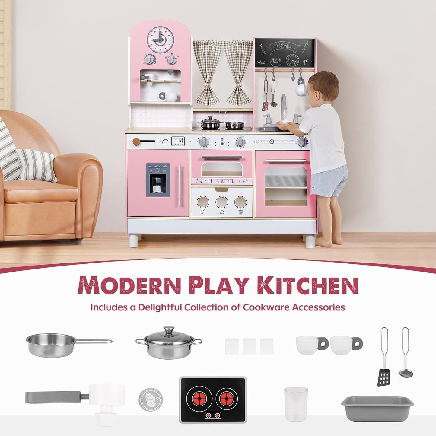 EDUBEBO Kids Kitchen playset, Wooden Play Kitchen, Height Adjustable, Comes with Various Kitchen Accessories, Ideal Role Play Toy Gift for Toddlers and Kids Ages 3-8 (Pink)