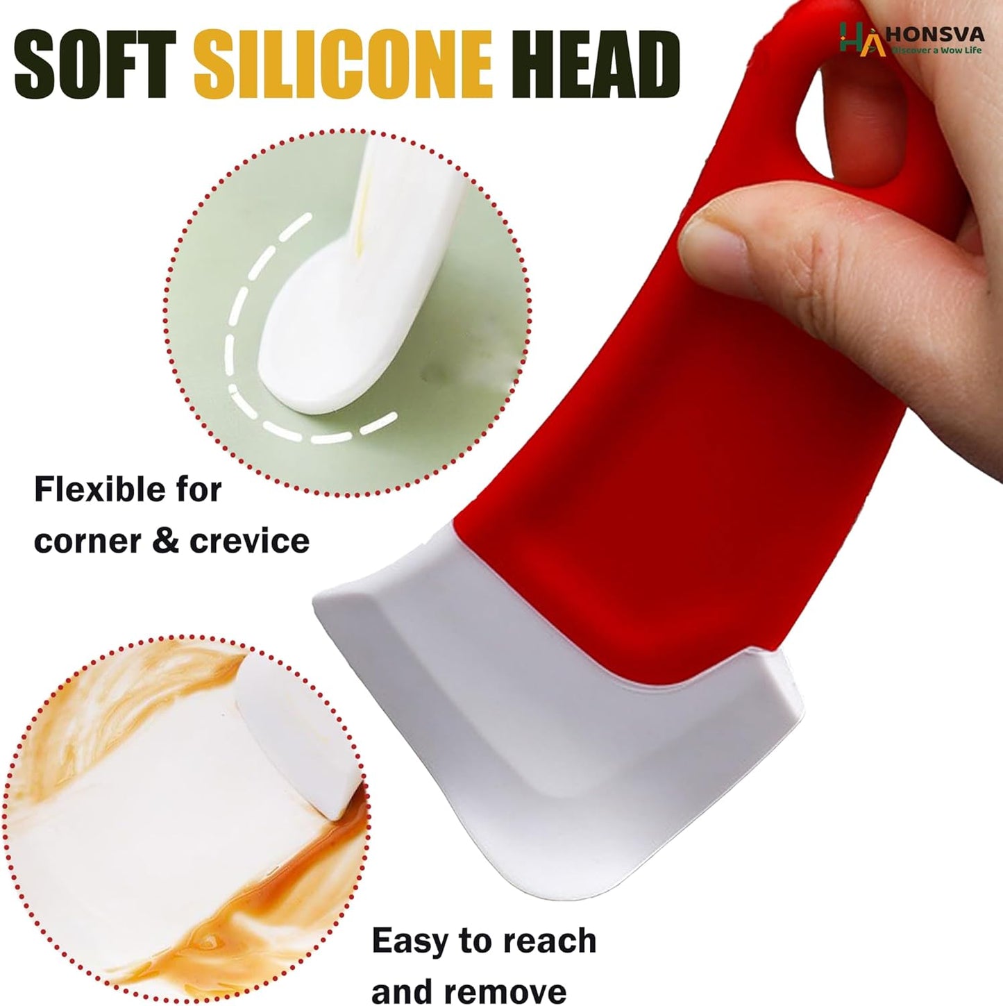 Honsva Silicone Dish Scraper to Kitchen Cleaning for Pans, Pots, Bowls, Non-Stick Scraping Spatulas Tool,3 Pcs (Yellow, Green and Red)