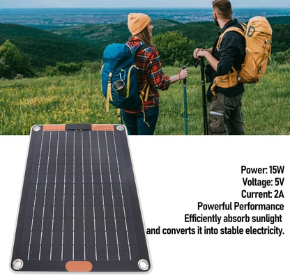 Solar Panel, 15W 5V Portable Monocrystalline Solar Panel Power Charger, Waterproof Portable Power Station with Suction Cup and 2 USB C Ports for Camping Hiking Phone Charging