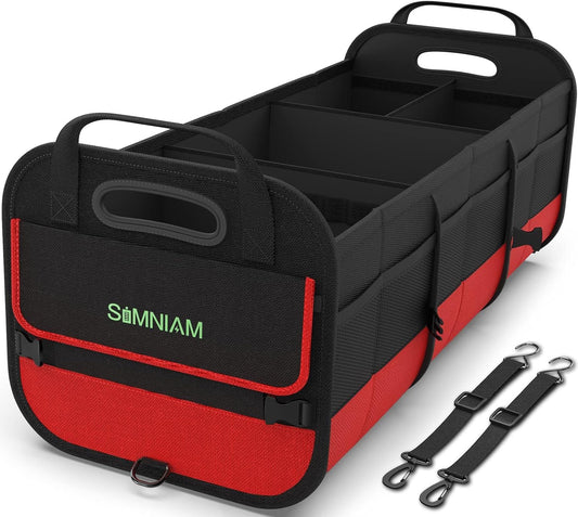 Simniam Large Trunk Organizer for Car, Collapsible Multi Compartment Car Trunk Organizer with 2 Retractable Straps, Suitable for All Kinds of Cars, SUV, Minivan - 4 Compartments Red