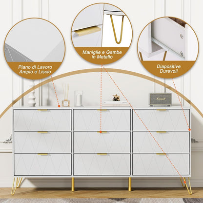 UEV 3 Piece Bedroom Furniture Set, 9 Drawer Chest of Drawers with Two Drawers with 4 Drawers, Style with Handles and Feet in Gold, Lines Pattern, Scandinavian Style (White)
