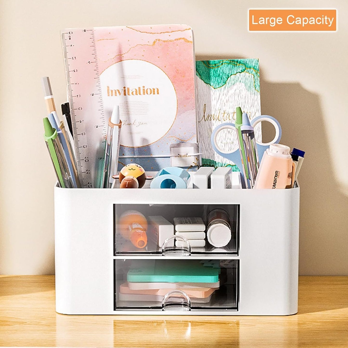 Drawer Organizers, 4 sections & 2 drawers Pen Holder for Desktop Storage, Desk Organizer, Plastic Makeup Organizer, Desk Organization for School, Home, Office Supplies (White)