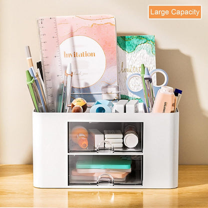 Drawer Organizers, 4 sections & 2 drawers Pen Holder for Desktop Storage, Desk Organizer, Plastic Makeup Organizer, Desk Organization for School, Home, Office Supplies (White)