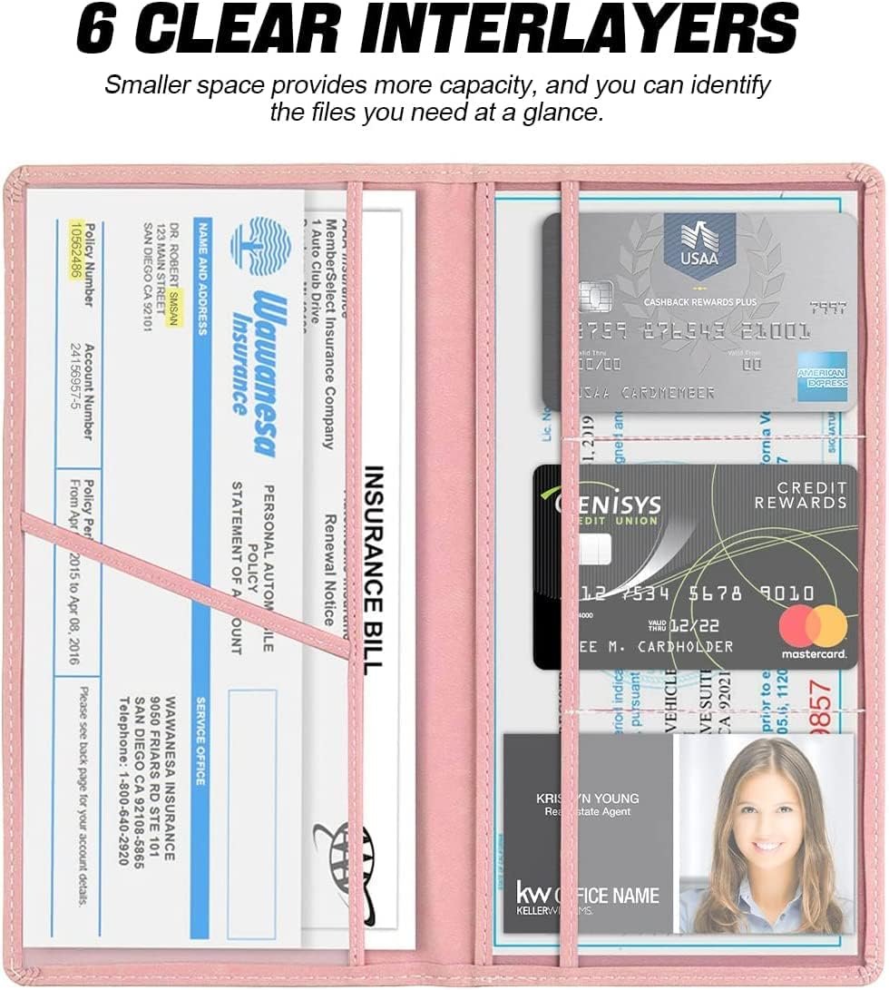 Car Registration and Insurance Card Holder, PU Glove Box Essential Documents Paperwork Driver License Organizer for Car, Wallet Case Auto Vehicle Truck Accessories for Women and Men（Rose Gold）