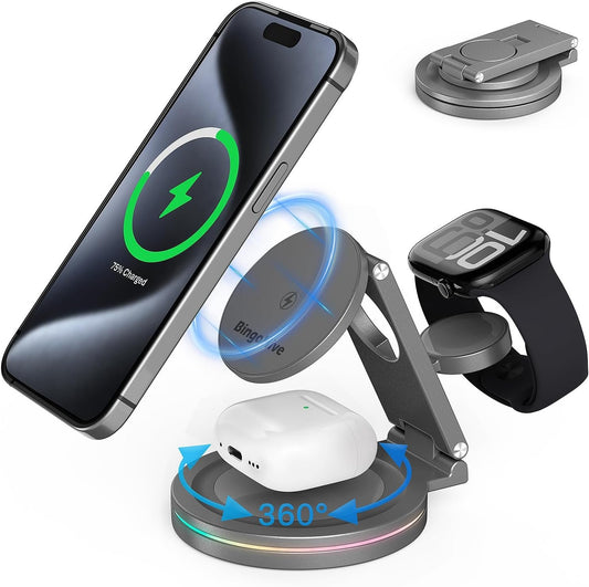 3 in 1 Wireless Charger Station for iPhone & Apple Watch & AirPods, 360 Rotating 10W Fast Charging Station Compatible with iPhone 12-16 Series Zinc Alloy Foldable Charger Stand with Magnetic