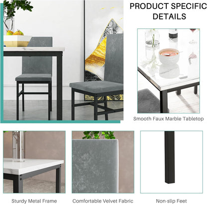 5 Piece DiningTable Set for 4, 47.2 Inch Modern Faux Marble Tabletop Dining Table Set, Kitchen Table Chairs Set with 4 Upholstered Velvet Chairs for Dining Room, Kitchen (Silver)
