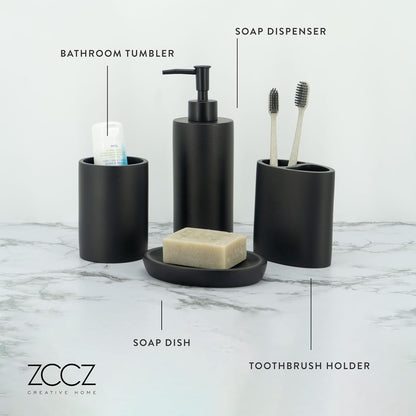 ZCCZ Bathroom Accessory Set, 4 Piece Matte Black Vanity Countertop Décor with Soap Dispenser, Toothbrush Holder, Tumbler, and Dish for Modern Home Styling and Functional Organization