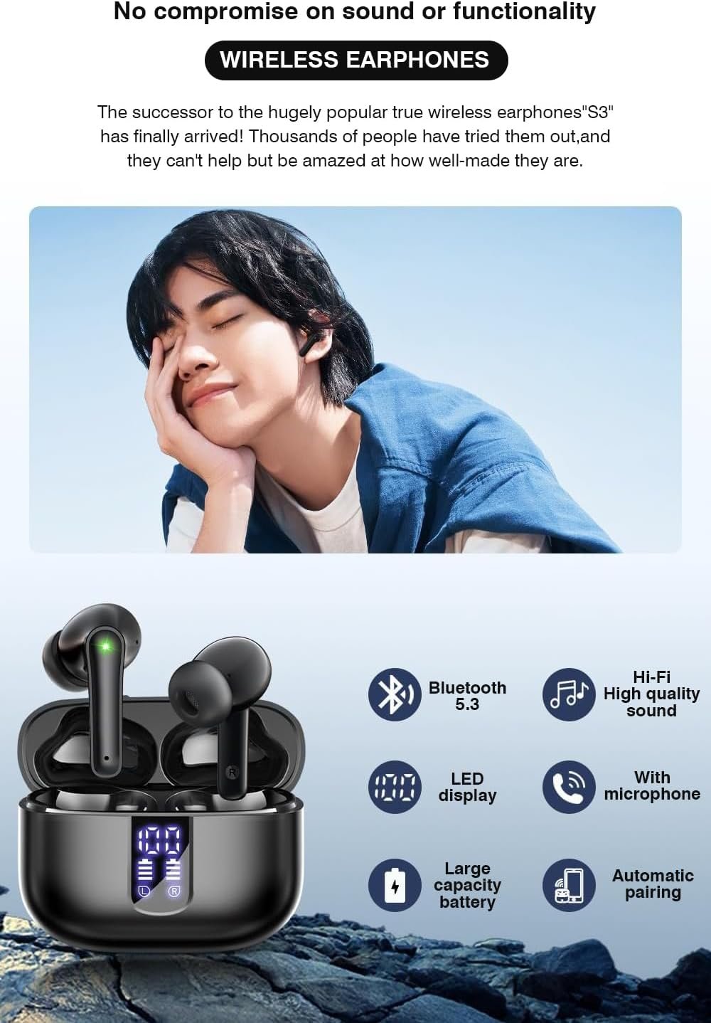 Wireless Earbuds, Bluetooth 5.3 Headphones with HiFi Stereo Sound, 48H Playtime with LED Power Display Charging Case, IP6 Waterproof in-Ear Earphone with Mic for Sport