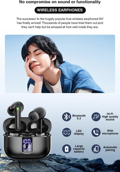 Wireless Earbuds, Bluetooth 5.3 Headphones with HiFi Stereo Sound, 48H Playtime with LED Power Display Charging Case, IP6 Waterproof in-Ear Earphone with Mic for Sport