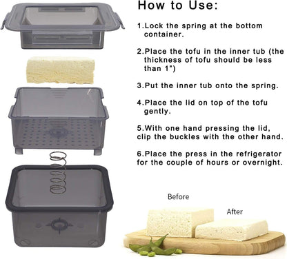 DGQ Tofu Press, Tofu Press Maker Tofu Presser Drainer Gadget Built in Tofu Strainer and Drip Tray Easy Remove Water from Tofu and Other Food for More Delicious (Gray)