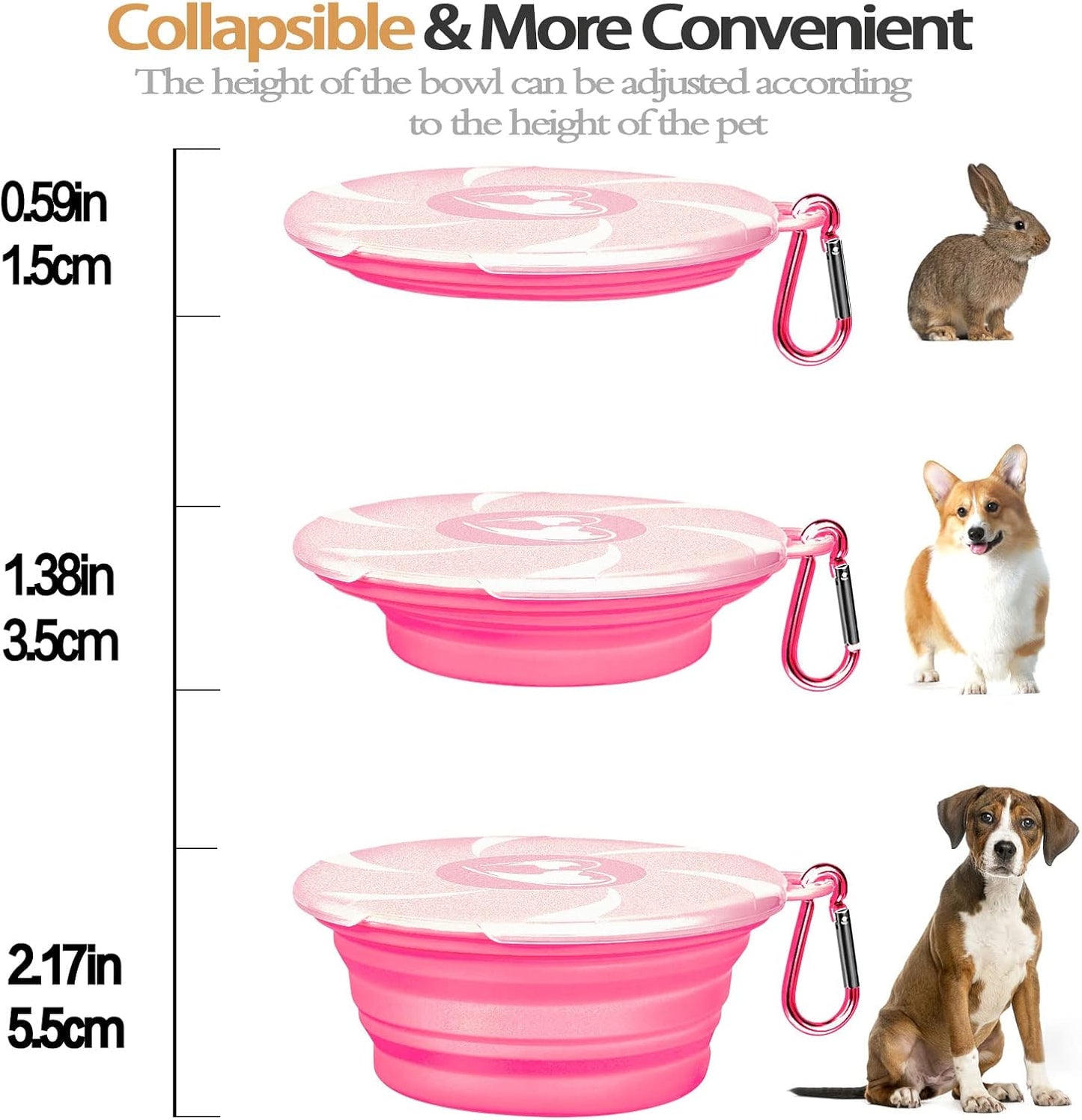 Collapsible Dog Bowl - Travel Dog Bowls with Lids & Carabiners, Portable Pet Bowls Silicone Feeding Watering Bowls Dish for Dogs Cats, 450ml/15oz Collapsable Doggy Bowl for Hiking Camping (Pink)
