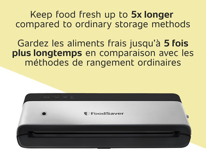 FoodSaver PowerVac Compact Vacuum Sealer Machine with Vertical Storage, 5 Vacuum Seal Bags & 1 Roll, Stainless Steel - VS0150
