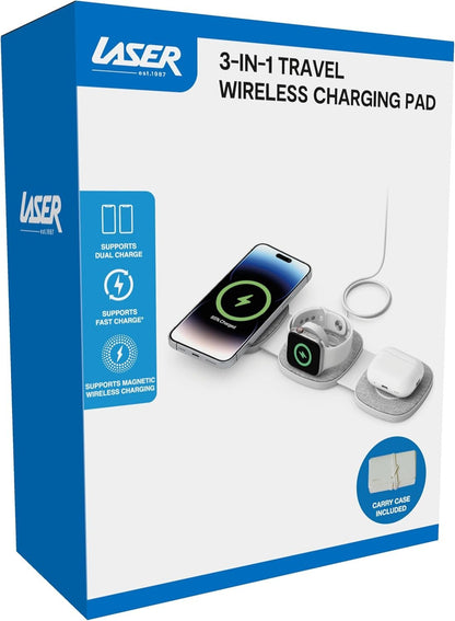 Laser 3 in 1 Travel Wireless Charging pad, USB-C, Apple, iPhone, Apple Watch, Airpod, Travel, Foldable, Carry Bag