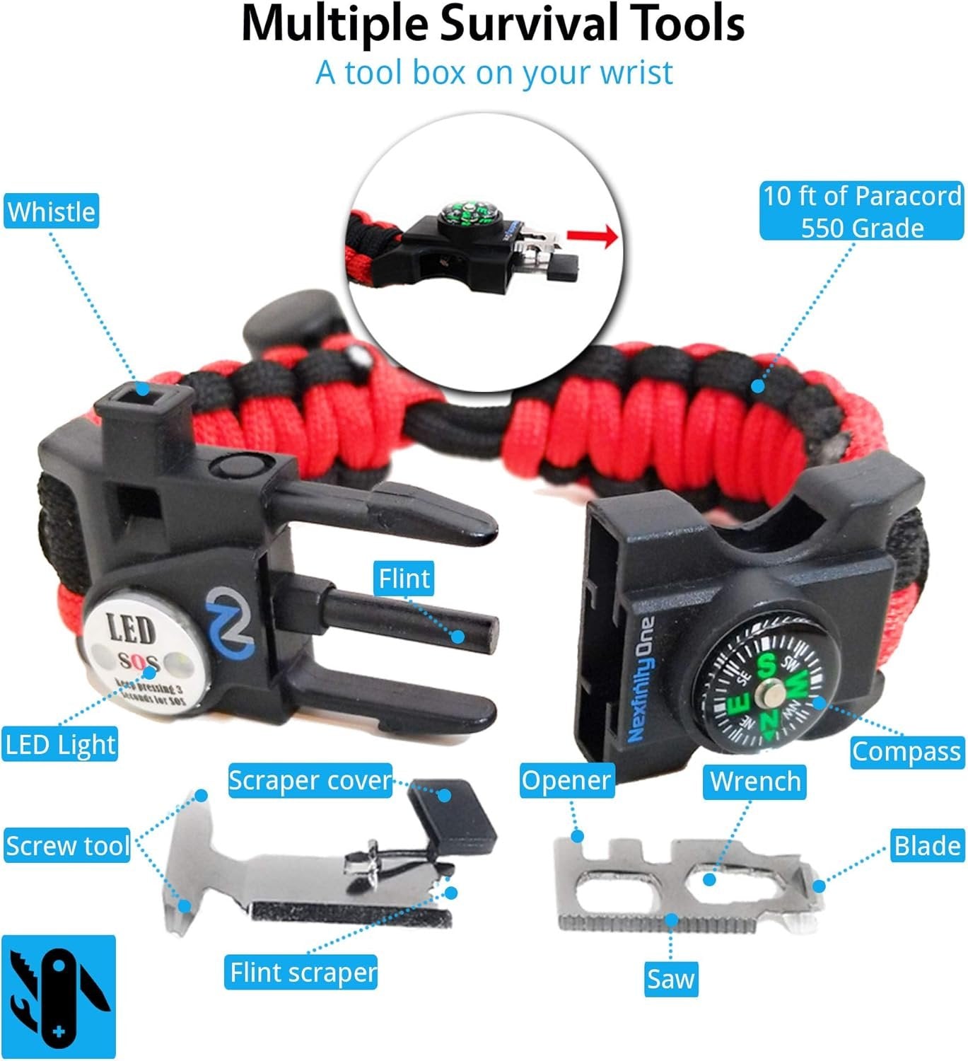 Nexfinity One Survival Paracord Bracelet - Tactical Emergency Gear Kit with SOS LED Light, 550 Grade, Adjustable, Multitools, Fire Starter, Compass, and Whistle - Set of 2