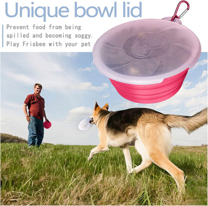 Collapsible Dog Bowl - Travel Dog Bowls with Lids & Carabiners, Portable Pet Bowls Silicone Feeding Watering Bowls Dish for Dogs Cats, 450ml/15oz Collapsable Doggy Bowl for Hiking Camping (Pink)