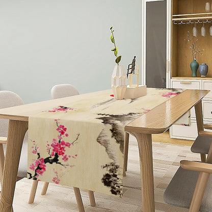Japanese Cherry Blossom Table Runner Retro Spring Landscape Mountain Plum Floral Tabletop Decor Cover for Holiday Dining Room Party 13x120 Inch