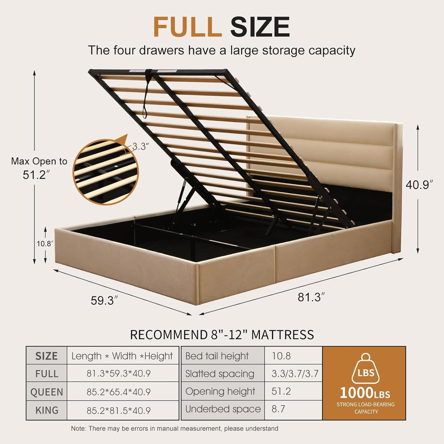 YUHUASHI Lift Up Storage Bed, Hydraulic Lifting Mechanism, Modern Flat Back Headboard, Wooden Slats, No Spring Required (White, Full)