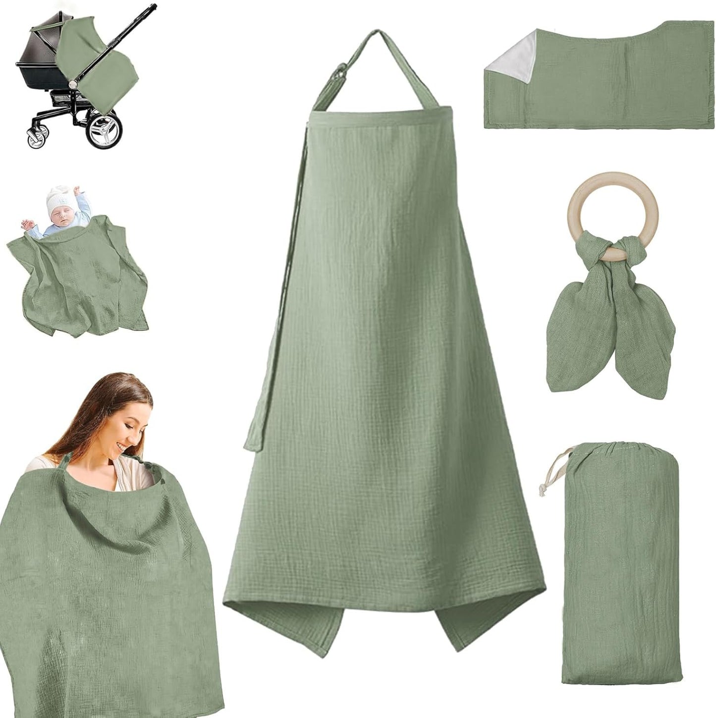Muslin Nursing Cover for Breastfeeding - Breathable 100% Cotton With Rigid Hoop for Mom (Green)