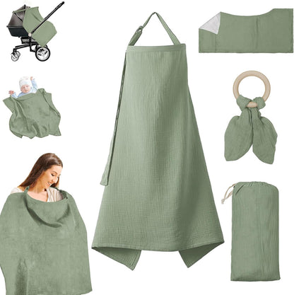 Muslin Nursing Cover for Breastfeeding - Breathable 100% Cotton With Rigid Hoop for Mom (Green)