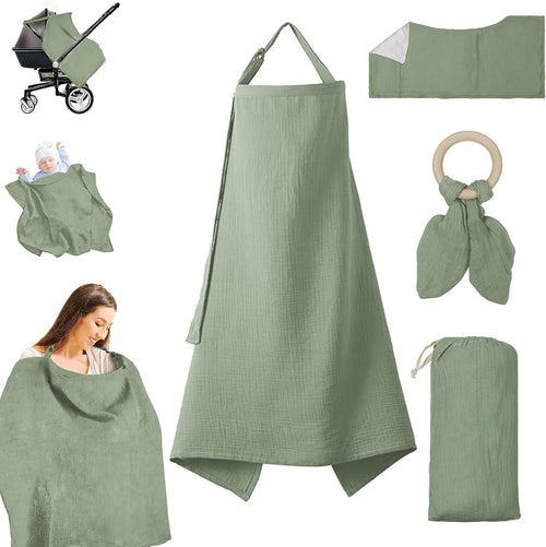 Muslin Nursing Cover for Breastfeeding - Breathable 100% Cotton With Rigid Hoop for Mom (Green)
