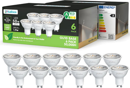 sailsco Class A GU10 LED Spot Bulbs, 1.9 W (50 W Equivalent), 345 Lumens, 2700 K Warm White, Energy Saving GU10 LED, Long Life, Low Consumption, 36° Beam Angle, Not Dimmable, 12 Pieces