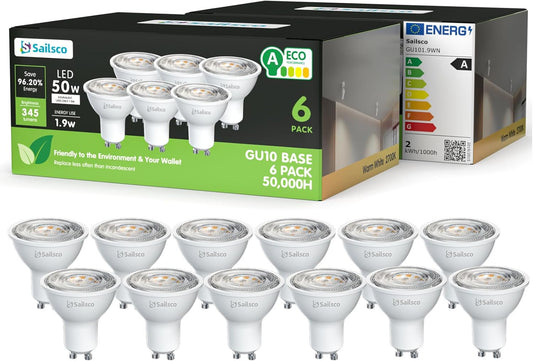 sailsco Class A GU10 LED Spot Bulbs, 1.9 W (50 W Equivalent), 345 Lumens, 2700 K Warm White, Energy Saving GU10 LED, Long Life, Low Consumption, 36° Beam Angle, Not Dimmable, 12 Pieces