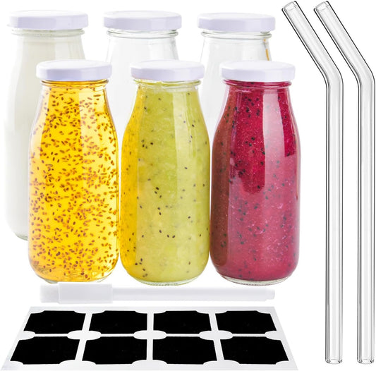 6Pcs 250ml Glass Milk Bottles with Lids, Small Glass Juice Bottles Reusable Glass Milk Jars Mini Milk Bottles with Lids，Glass Straws，Labels and Whiteboard Pen for Beverages, Weddings Decoration