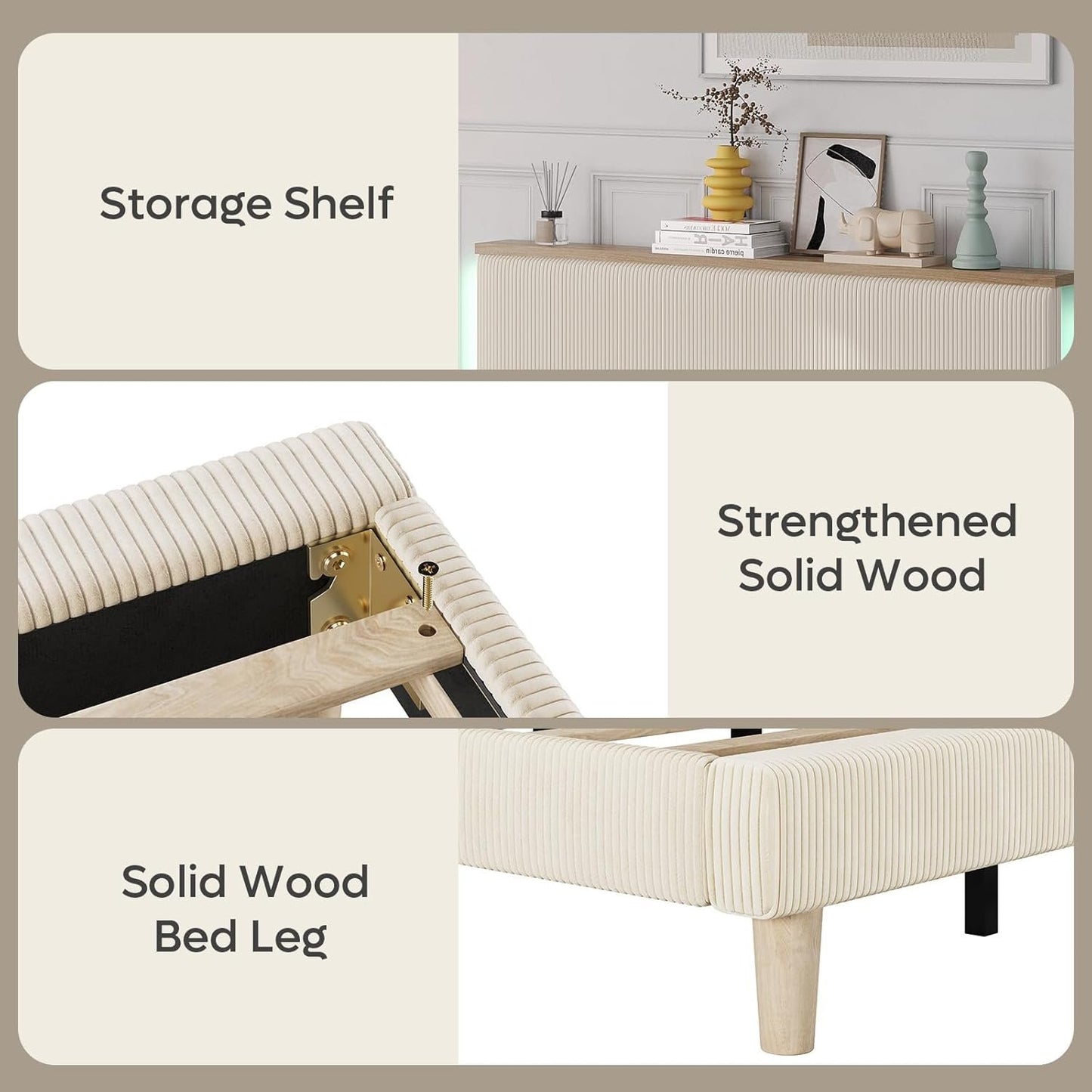 Bestier Full Corduroy Upholstered Bed Frame with Adjustable Vertical Channel Headboard, LED Platform Bed with Storage Shelf, Solid Wood Leg & Slat Support, No Box Spring Needed, Never Squeaks, Cream