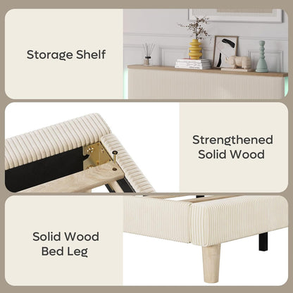 Bestier Full Corduroy Upholstered Bed Frame with Adjustable Vertical Channel Headboard, LED Platform Bed with Storage Shelf, Solid Wood Leg & Slat Support, No Box Spring Needed, Never Squeaks, Cream