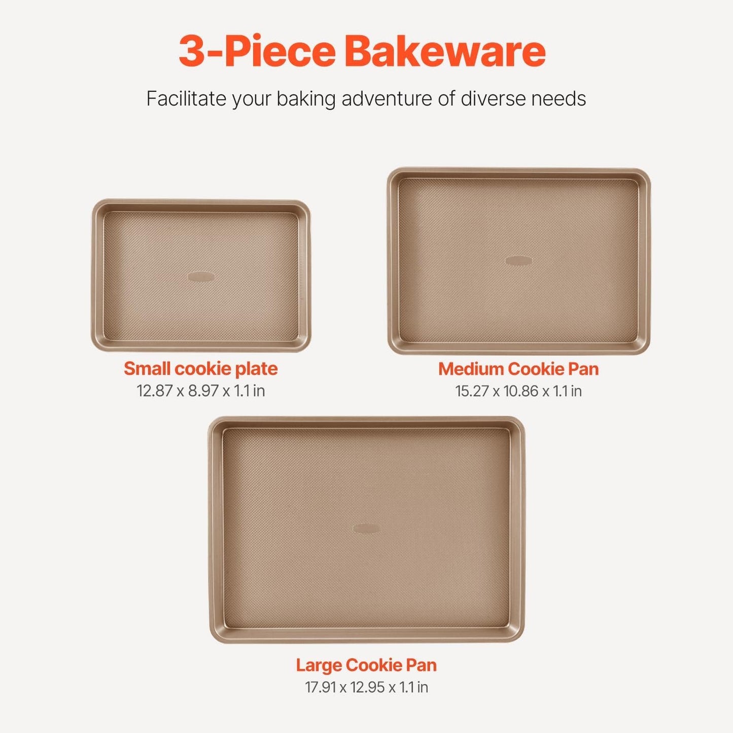 VEVOR Baking Pans Set, 3-Piece, Nonstick Carbon Steel Cookware Sheets & Trays, Stackable Kitchen Oven Bakeware Cooking Sets with Silicone Handles, Easy to Clean, for Baking Cookie Cake Muffin Bread