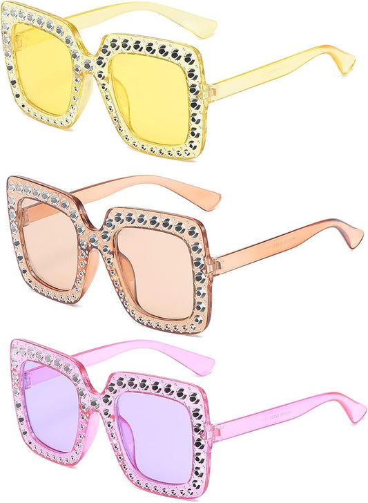 3pcs Oversized Rectangle Rhinestone Sunglasses, Unisex Thick Frame Bling Hollow Out Design Sunglasses Sparkling Retro glasses for Women Dresses up Clothing Accessories Summer