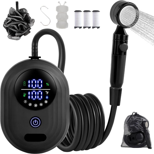 Brarvagur Lightweight Portable Camping Shower, 6000mAh Rechargeable Outdoor Shower Pump with 5 Pressure Modes, Filtered Shower Head, Temperature & Power Display for Hiking, Travel, Washing, Emergency