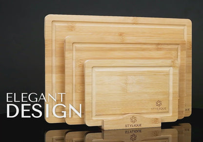 STYLIQUE Wooden Chopping Board Set of 3 with Cutting Board Organiser, Meal Prep Wooden Cutting Boards, Large Chopping Board and Serving Tray, Cheese Board, Kitchen Tools gadgets, Bamboo Chopping Board