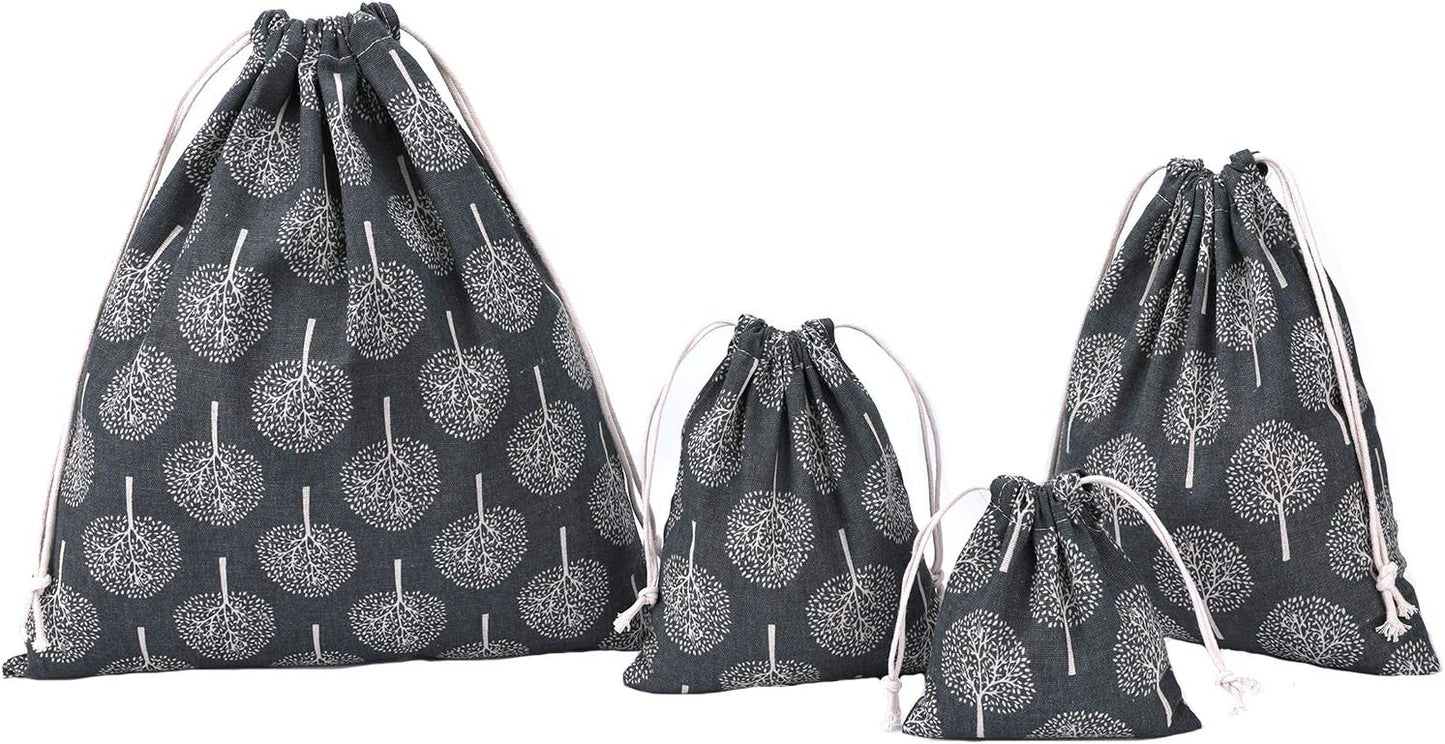 Amoyie Set of 4 Bags Organizer with Drawstring, Canvas Bag for Clothes Toys Travel Accessories (4 Different Sizes) - Grey Tree