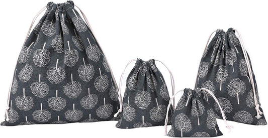 Amoyie Set of 4 Bags Organizer with Drawstring, Canvas Bag for Clothes Toys Travel Accessories (4 Different Sizes) - Grey Tree