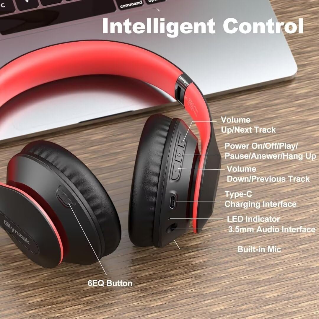 Wireless Bluetooth Headphones Over Ear 65H Playtime HiFi Stereo Headset with Microphone and 6EQ Modes Foldable Bluetooth V5.3 Headphones for Travel Computer Laptop(Black Red)
