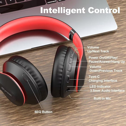 Wireless Bluetooth Headphones Over Ear 65H Playtime HiFi Stereo Headset with Microphone and 6EQ Modes Foldable Bluetooth V5.3 Headphones for Travel Computer Laptop(Black Red)
